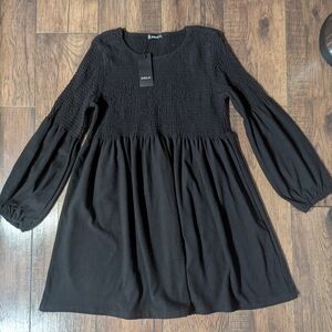 Sheilay Women's Black Jersey Knit Mini Flare Dress Balloon Sleeves Size XL NWT